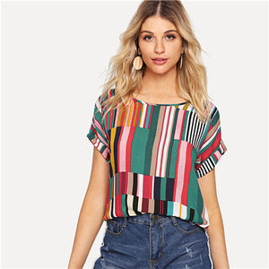 Multicolor Mix Striped Print Rolled Up Tee Tops