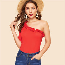 Load image into Gallery viewer, Vintage Red Ruffle Detail One Shoulder Tee Solid T-Shirt